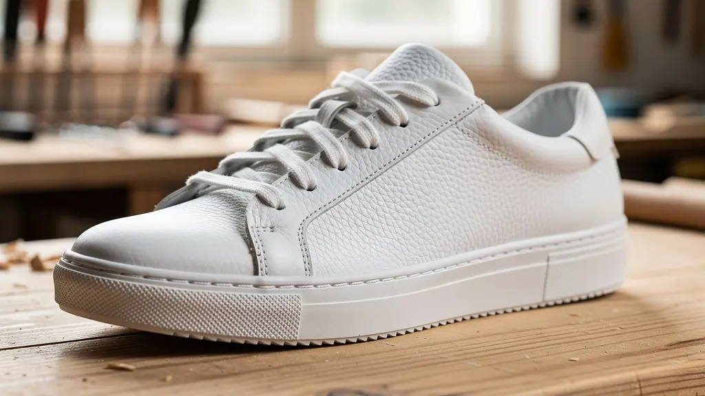 Gros plan sur matériaux sneaker durable cuir et semelle caoutchouc naturel