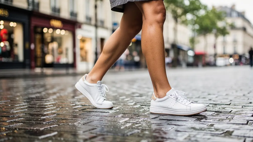 Personne marchant avec des baskets durables blanches sur pavés urbains